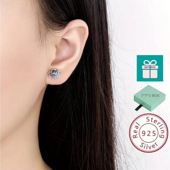 Sterling Silver Lotus Stud Earrings - Picture 3 of 4